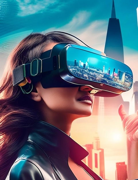 Una donna che indossa un visore VR con sfondo futuristico della città