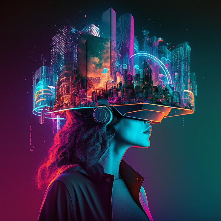 Una donna che indossa un visore VR con una città in alto.