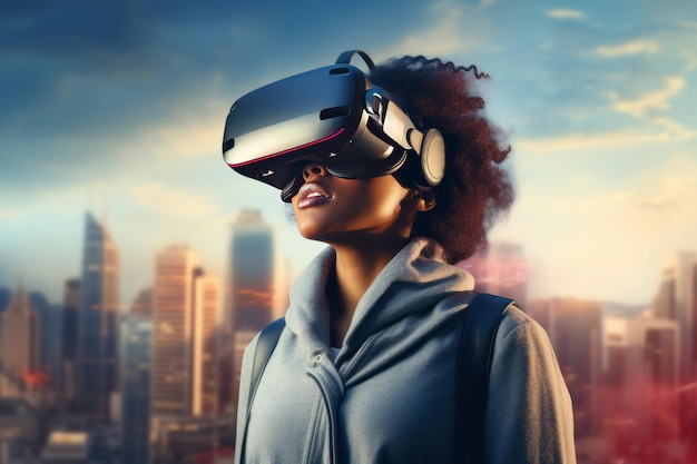 Una donna che indossa un visore VR davanti a un paesaggio urbano generativo ai