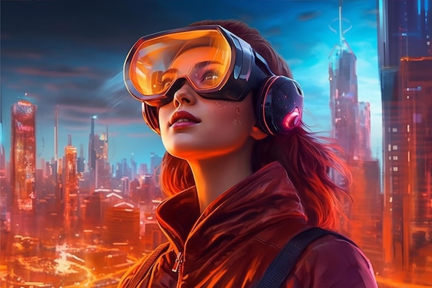 Una donna che indossa un visore VR davanti a un paesaggio urbano