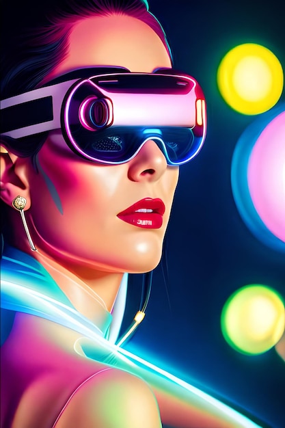 Una donna che indossa un visore VR davanti a una luce al neon.