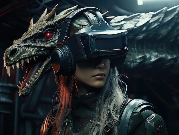 Una donna che indossa un visore VR e un drago mondo surreale e realtà virtuale IA generativa