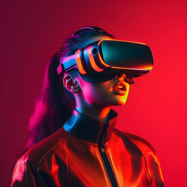 Una donna che indossa un visore VR si trova di fronte a uno sfondo rosso.