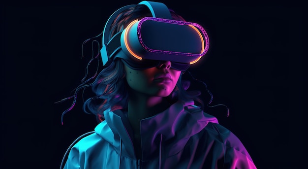 Una donna che indossa un visore VR si trova di fronte a uno sfondo scuro.