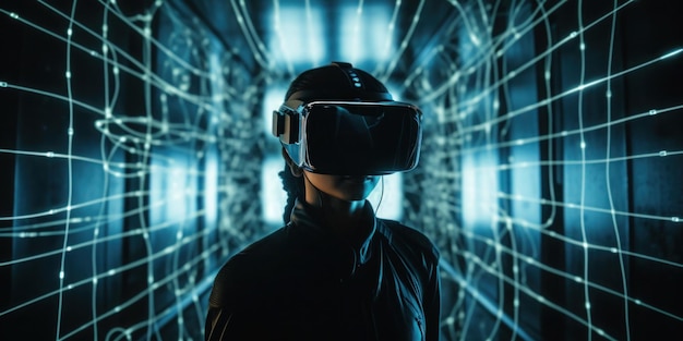 Una donna che indossa un visore VR si trova in una stanza buia.