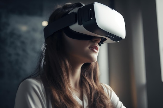 Una donna che indossa un visore VR sta guardando la telecamera.