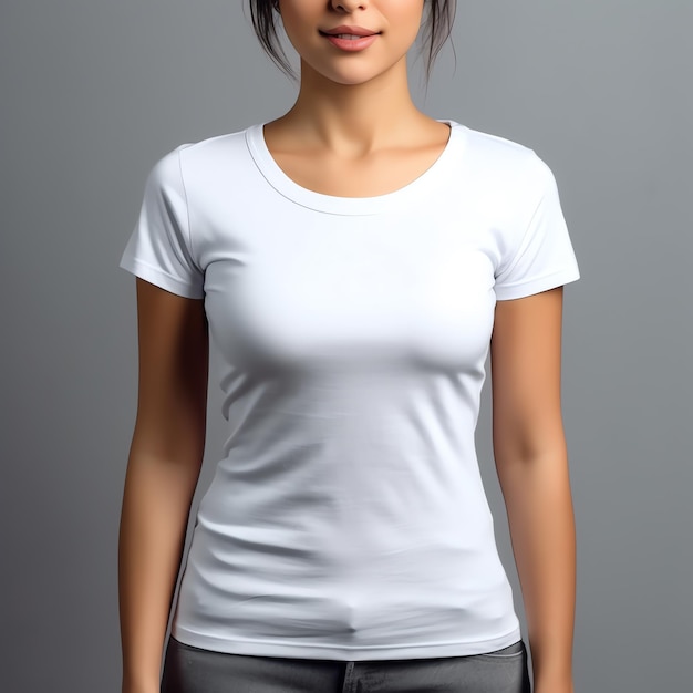 Una donna che indossa una camicia bianca con sopra la scritta 't shirt'