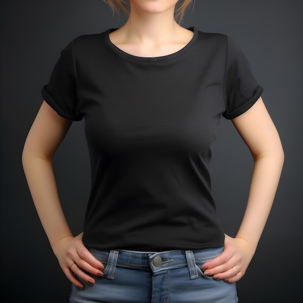 Una donna che indossa una camicia nera con un blue jeans e una camicia nera con la parola "t" sopra.
