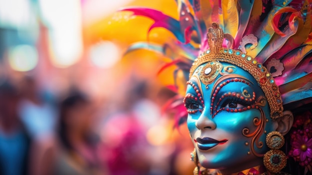 Una donna che indossa una colorata maschera di carnevale con piume ai