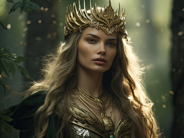 una donna che indossa una corona e un mantello verde