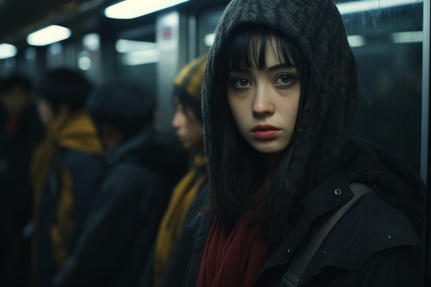 una donna che indossa una felpa con cappuccio su un treno della metropolitana