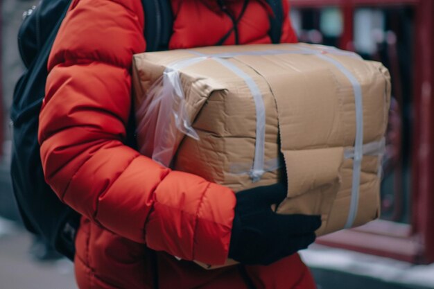 una donna che indossa una giacca rossa con una borsa marrone sulla spalla