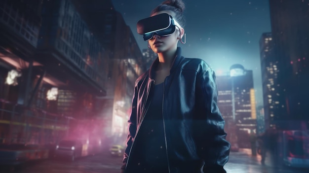 Una donna che indossa una giacca scura si trova in una strada buia della città indossando un visore VR.