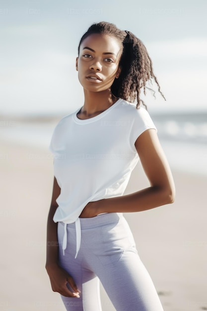 Una donna che indossa una maglietta bianca e pantaloni grigi si trova su una spiaggia.