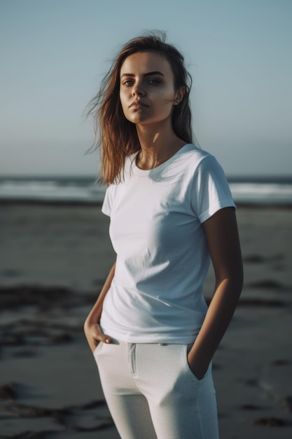 Una donna che indossa una maglietta bianca si trova su una spiaggia.