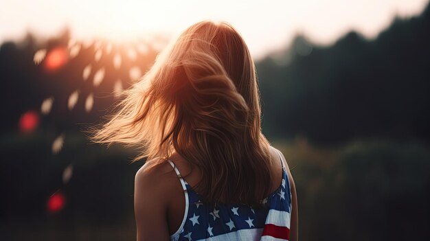 Una donna che indossa una maglietta con la bandiera del suo paese sta guardando il bellissimo tramonto