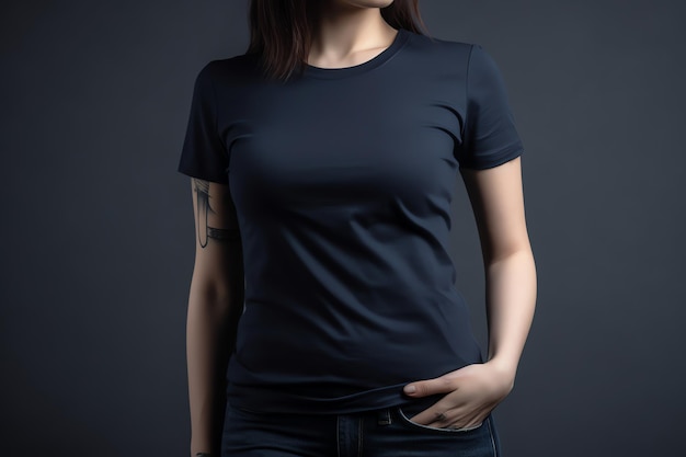 Una donna che indossa una maglietta nera con un tatuaggio sul davanti.