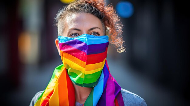 una donna che indossa una maschera a colori arcobaleno