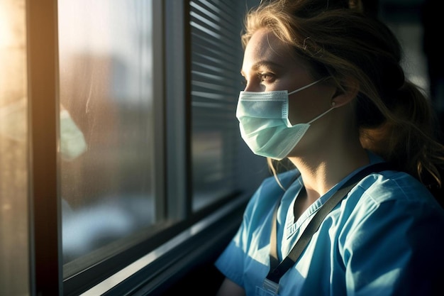 una donna che indossa una maschera chirurgica sta guardando fuori da una finestra