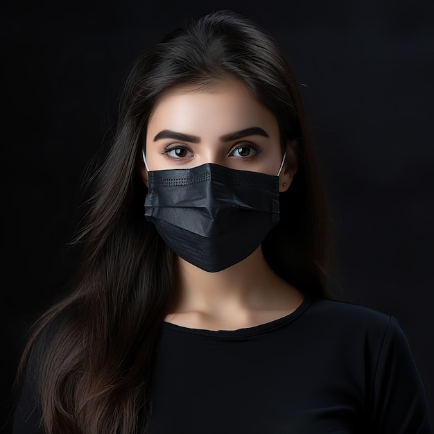una donna che indossa una maschera chirurgica su uno sfondo nero