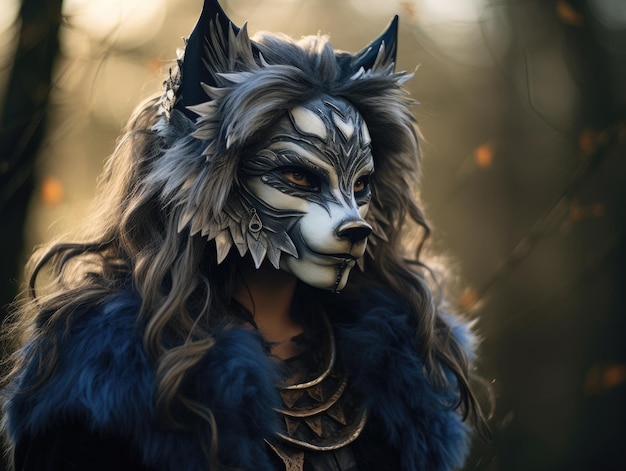una donna che indossa una maschera da lupo