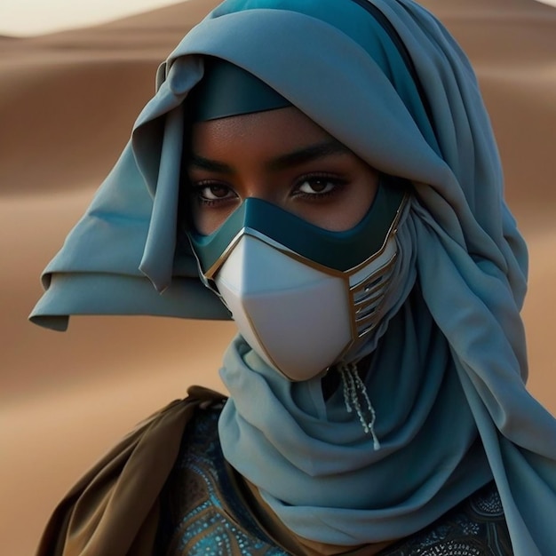 Una donna che indossa una maschera e una sciarpa con sopra la parola sahara.