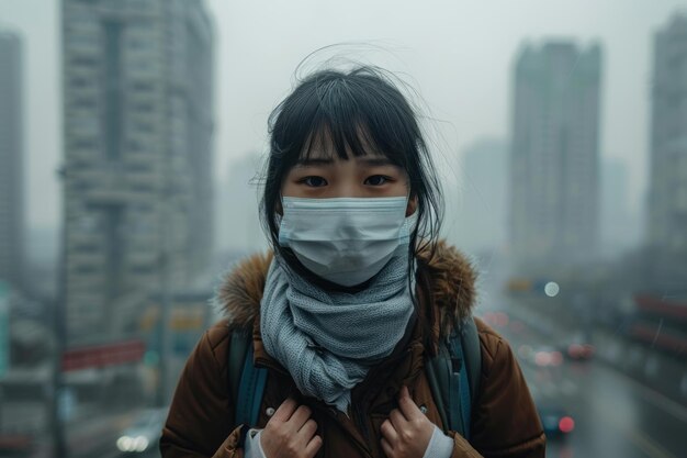 Una donna che indossa una maschera e una sciarpa è in piedi in una strada della città concetto di cautela e preoccupazione per p