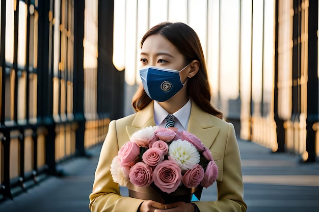 Una donna che indossa una maschera facciale e tiene in mano un mazzo di fiori.