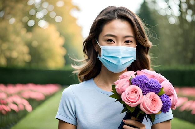 Una donna che indossa una maschera facciale tiene un mazzo di fiori.