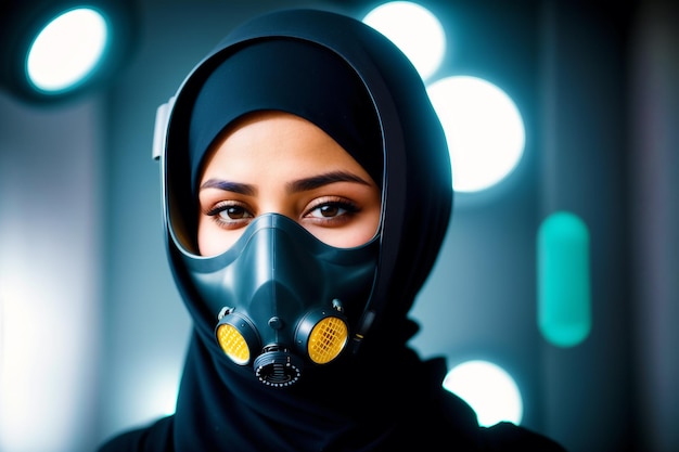 Una donna che indossa una maschera protettiva futuristica COVID 19 MaskWearing with Confidence Generative AI