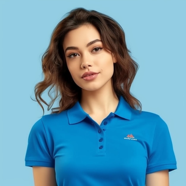 Una donna che indossa una polo blu con il logo dell'azienda sun valley.