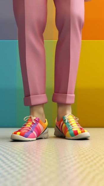 Una donna che indossa una scarpa color arcobaleno si trova di fronte a un muro colorato