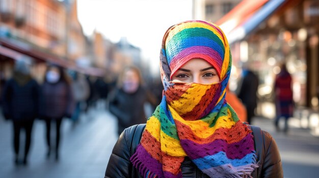 una donna che indossa una sciarpa colorata sul viso