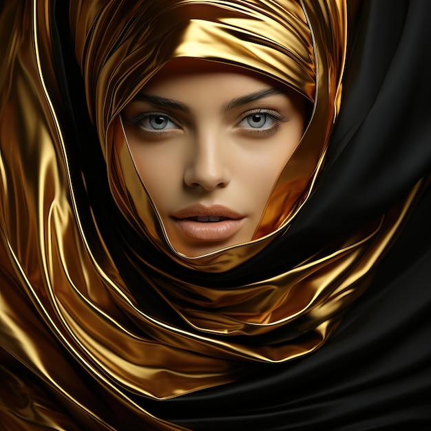 Una donna che indossa una sciarpa nera e oro