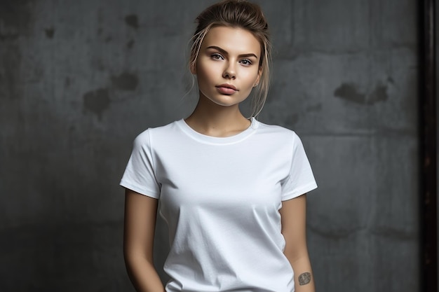 Una donna che indossa una t-shirt bianca con sopra la scritta t-shirt