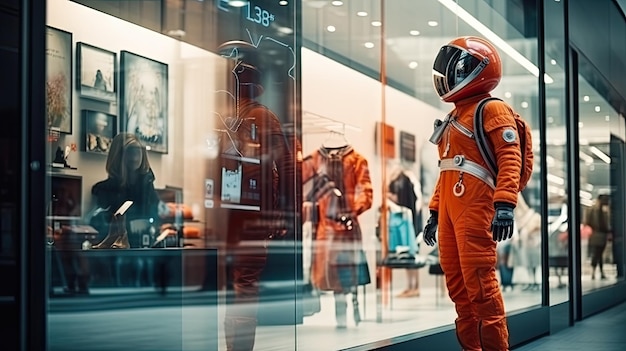 Una donna che indossa una tuta spaziale davanti a una vetrina di un negozio con una moda spaziale innovativa una donna