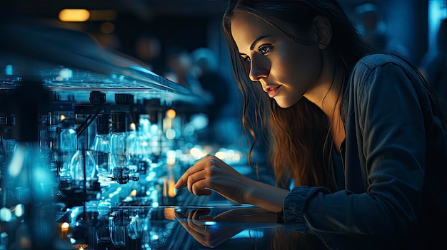 una donna che lavora al computer con una bottiglia di liquido sullo sfondo.