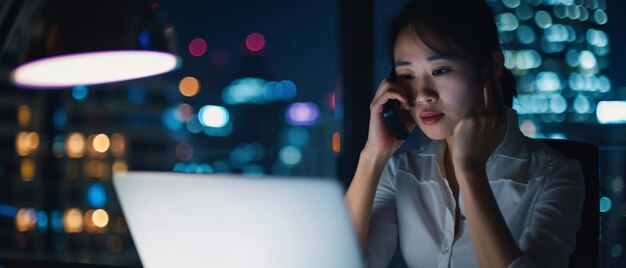 Una donna che lavora fino a tarda notte il suo viso illuminato dal bagliore del suo laptop in un ufficio buio