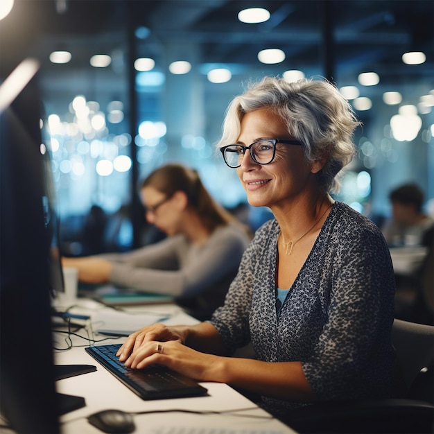 Una donna che lavora in un'azienda IT donna d'affari con i capelli grigi che indossa occhiali generati dall'intelligenza artificiale