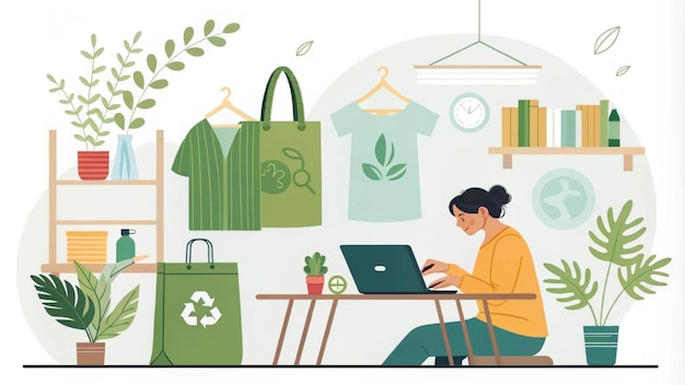 una donna che lavora in un negozio con una borsa verde e una borsa verdi
