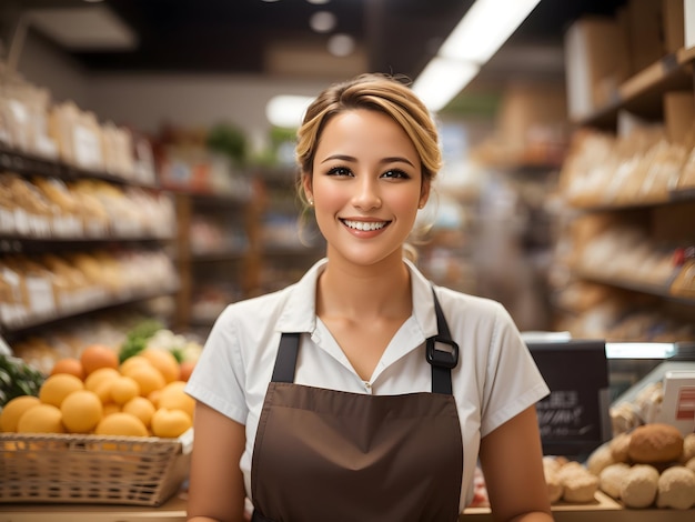 Una donna che lavora in un negozio sorride. Un fornaio di un negozio di alimentari.