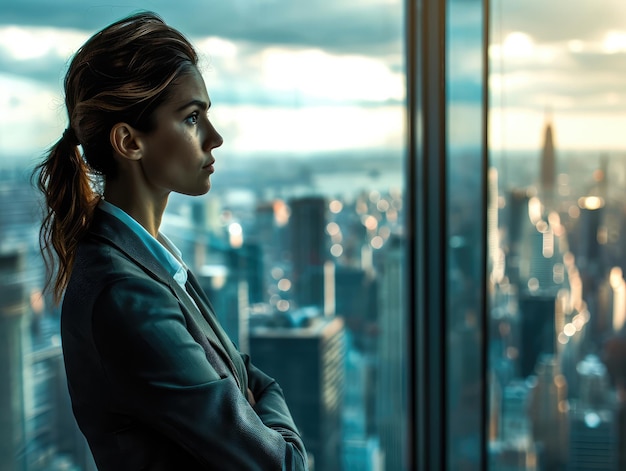 Una donna che lavora in un ufficio guarda fuori dalla finestra della grande città generativa di AI