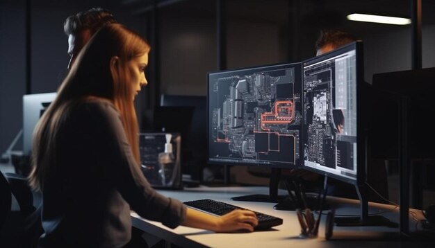 una donna che lavora su un computer con una freccia rossa sullo schermo