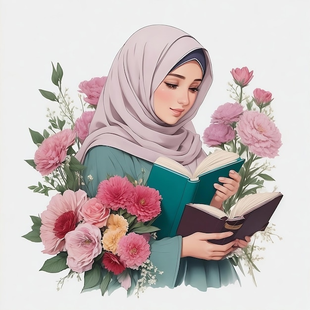 una donna che legge un libro con dei fiori e un'immagine di una donna che leggi un libro.