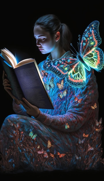 Una donna che legge un libro con una farfalla in copertina.