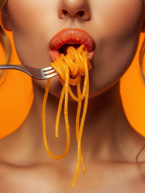 una donna che mangia spaghetti con una forchetta in bocca