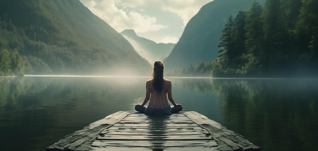 Una donna che medita davanti a un paesaggio montano