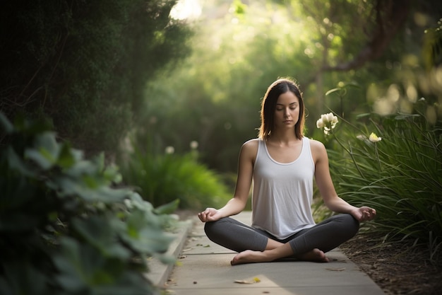 Una donna che medita in un giardino