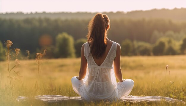 Una donna che medita in un parco con una vista della città sullo sfondo