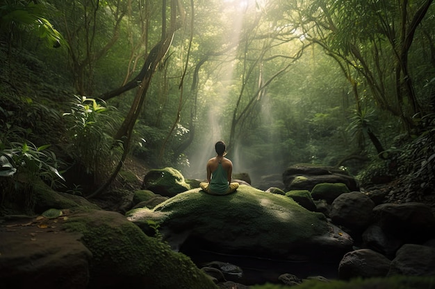 Una donna che medita in una foresta con il sole che splende attraverso gli alberi